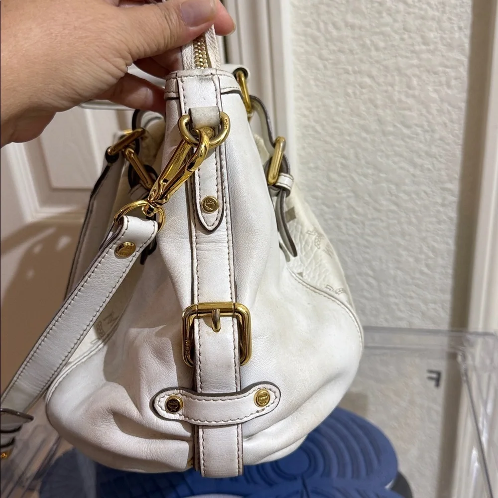 MCM Cream Satchel with Gold Accents